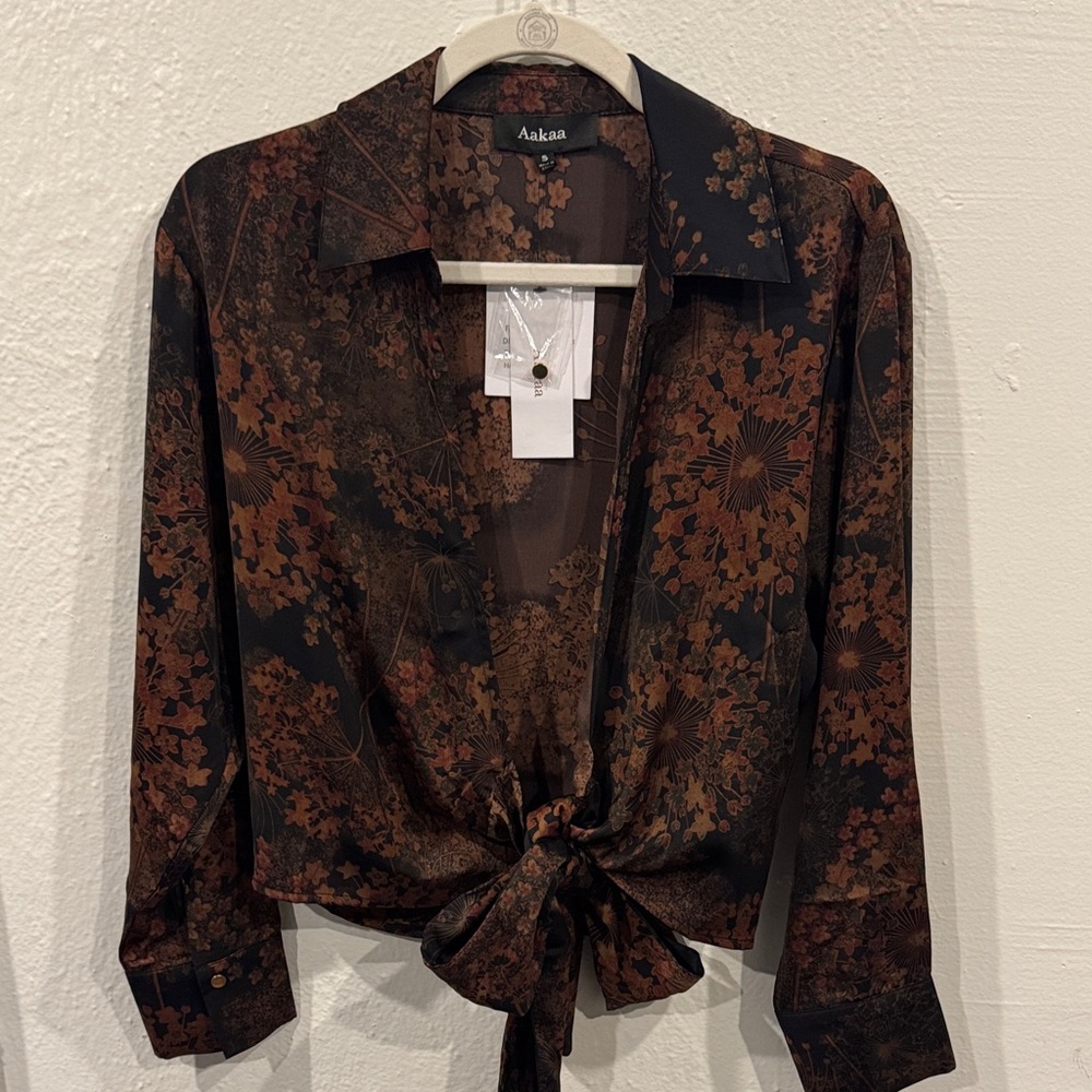 Aakaa Black and Brown Floral Tie-Front Blouse